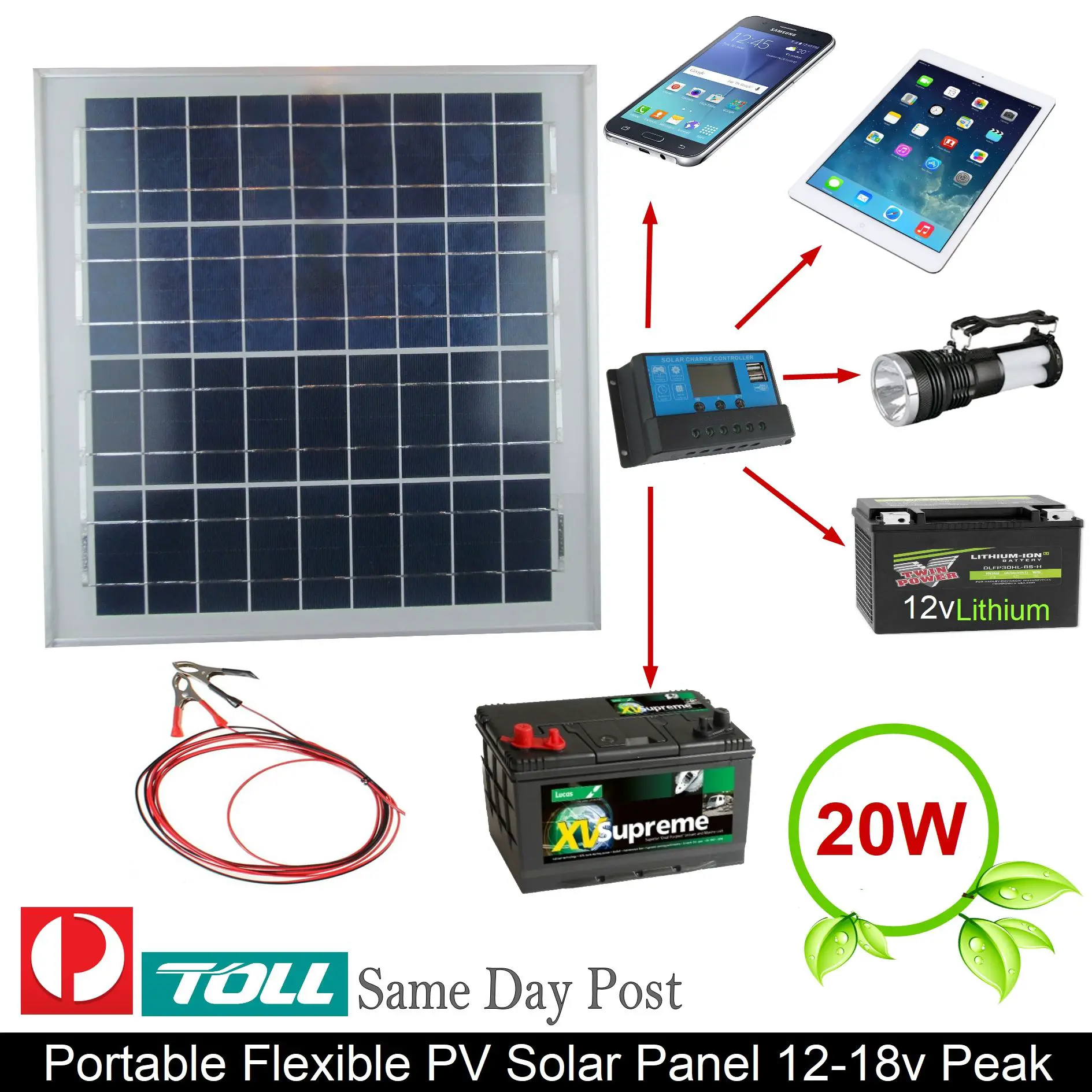 20W 12v SOLAR PANEL CHARGE BATTERY TRICKLE CHARGER KIT + SOLAR ...