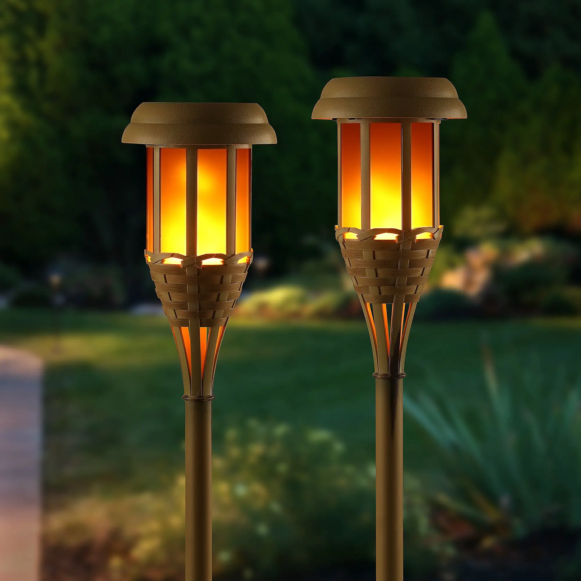 Auraglow Solar Bamboo LED Outdoor Garden Flame Tiki Path Post Light ...