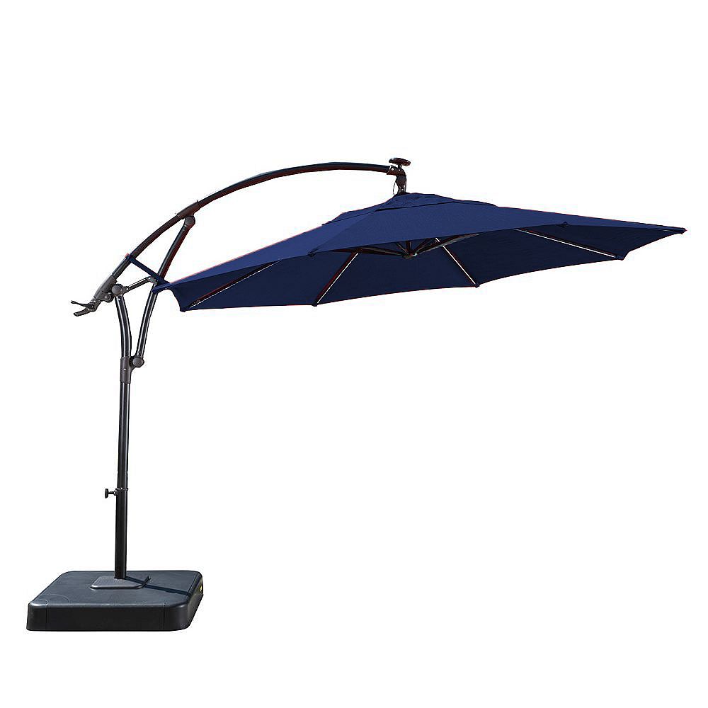 Hampton Bay 11 ft. Solar Light Bar Offset Patio Umbrella in Blue with ...