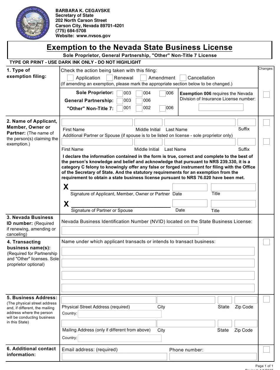 Nevada Exemption to the Nevada State Business License ...