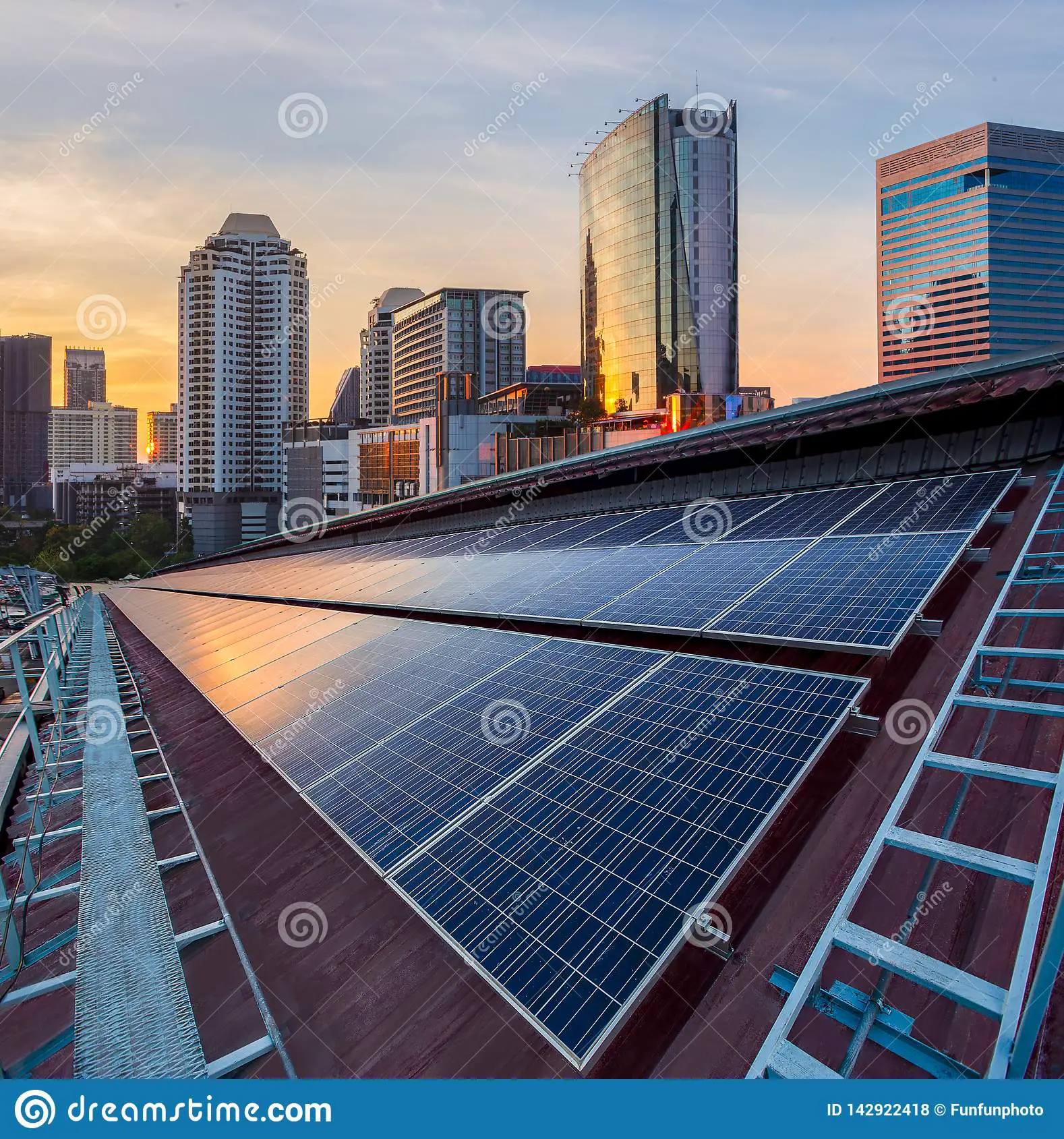 Solar Panel Photovoltaic Installation On A Roof Of Factory, Sunny Blue ...