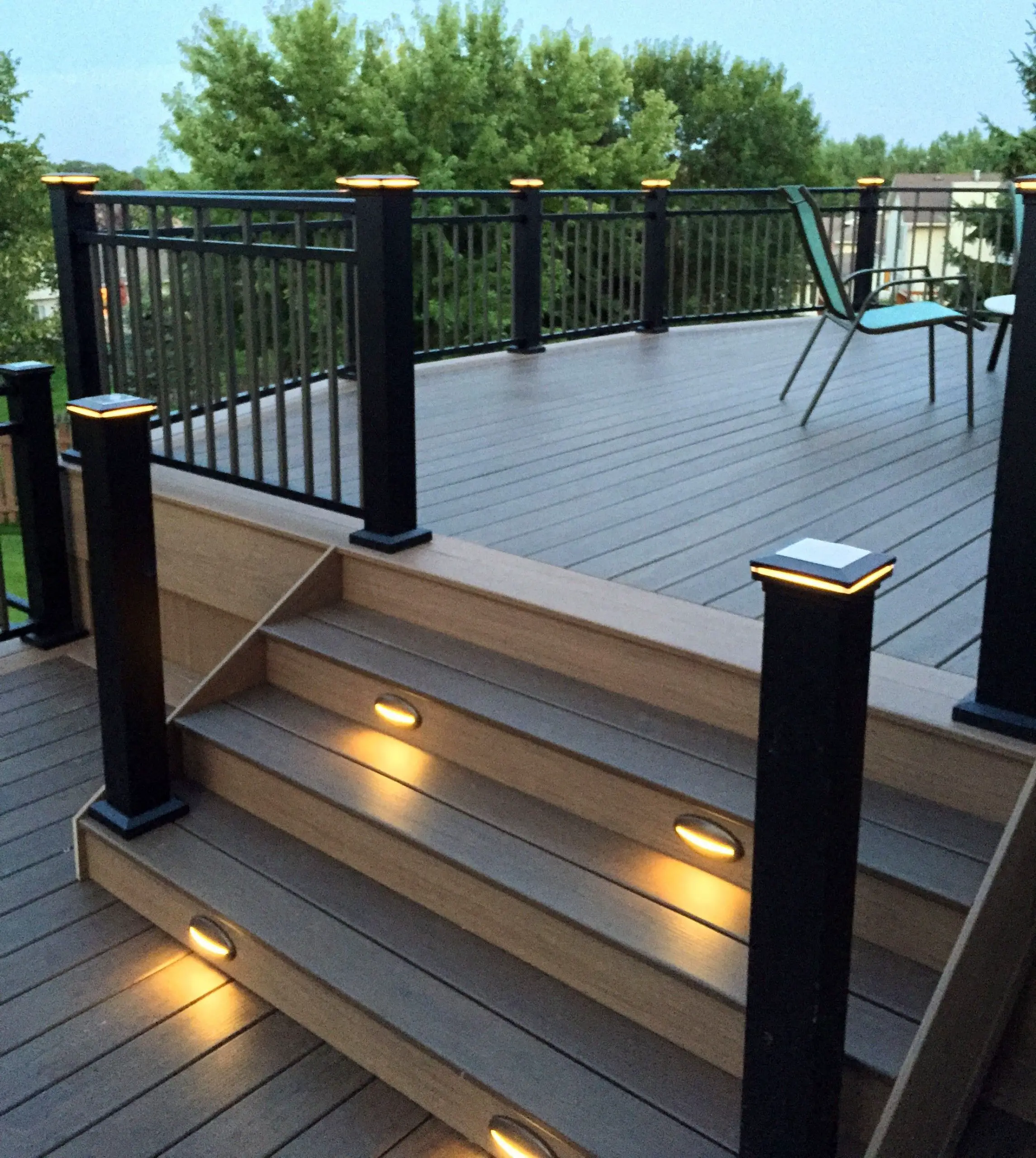 Timbertech deck with stair lighting and lighted post caps